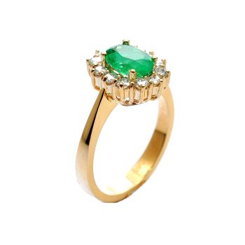 Yellow gold ring with diamonds 0.54 ct and emerald 1.16 ct